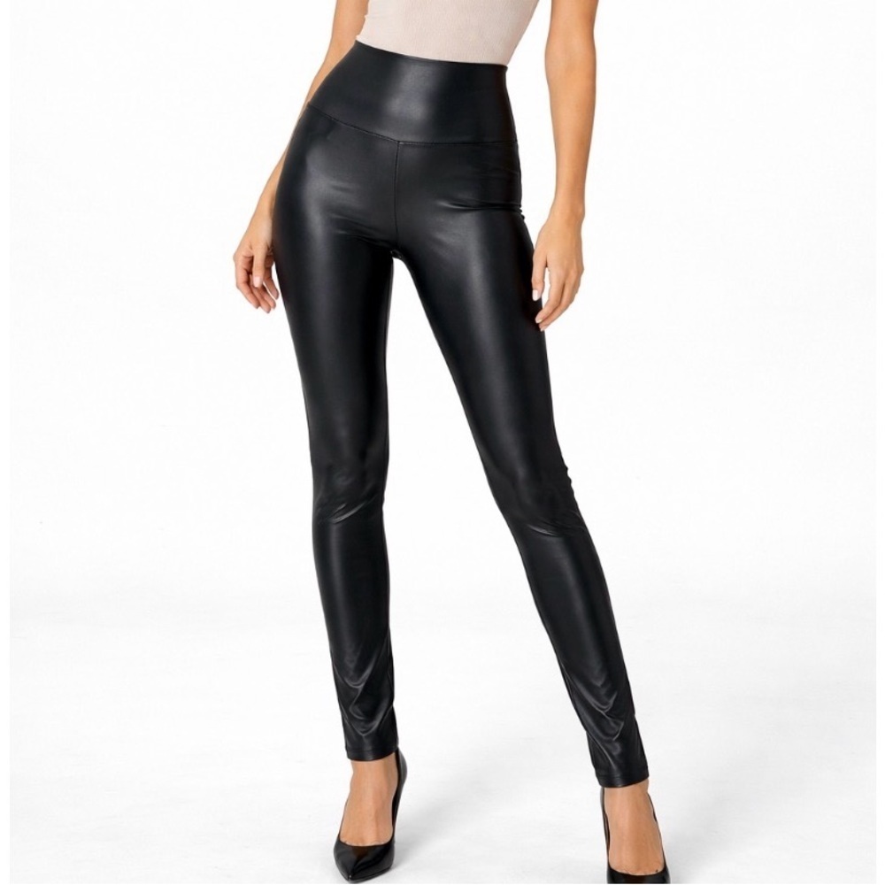 SPANX faux leather leggings liquid leggings black shiny high rise SZ XS slimming